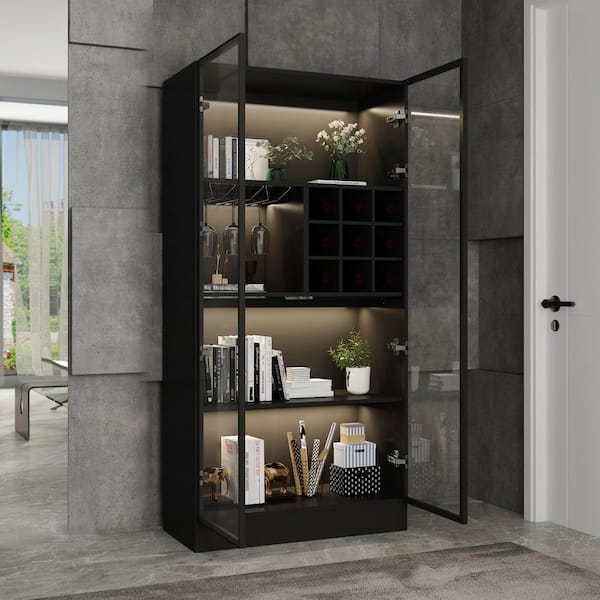 FUFU&GAGA Black Wood 31.5 in. W Display Cabinet With Pop up Tempered Glass  Doors & 3-Color LED Lights, Wine Storage Shelves KF020275-02-c - The Home  Depot