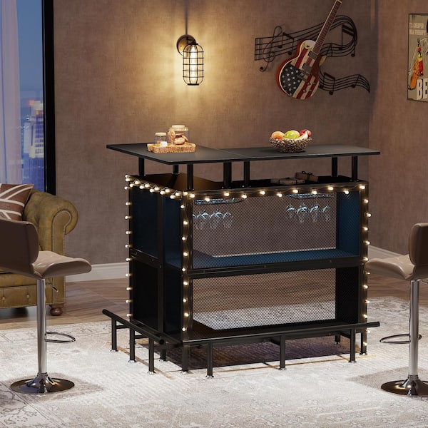 Kearsten Black 47 in. W L-Shaped Home Bar Unit, Bar Cabinets with Stemware Racks and 2-Tier Shelves, Foot rest