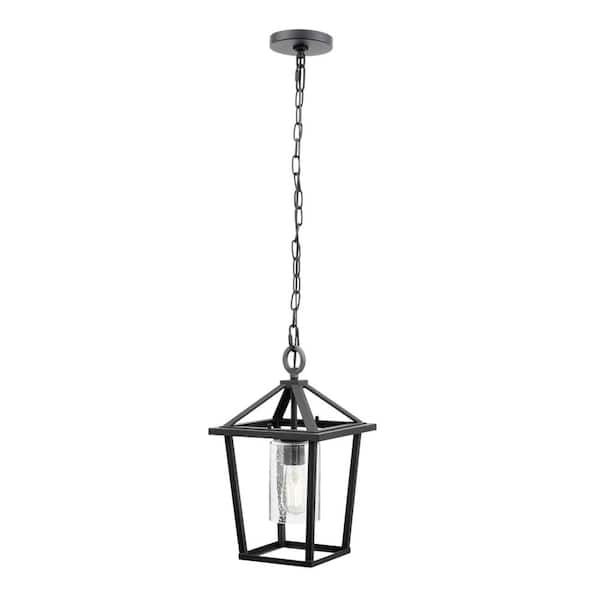 Home Decorators Collection Jill 1-Light 9.5 in. Textured Black Weathered Zinc Outdoor Pendant Light with Clear Seedy Glass