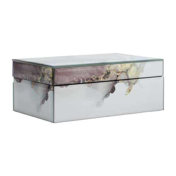 White/Beige/Gold 8 in. X 3 in. Wood Rectangle Abstract Decorative Box