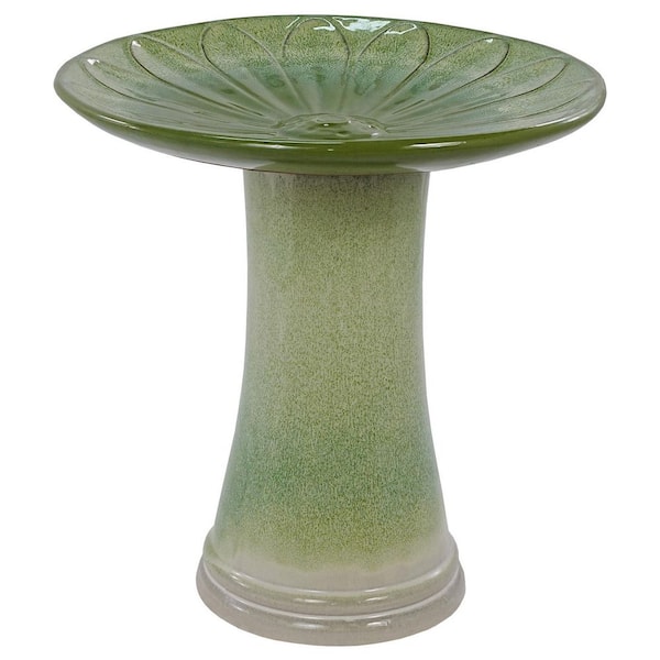 17 in. Ceramic Green Elegant Tall Outdoor Bird Bath with Floral Pattern