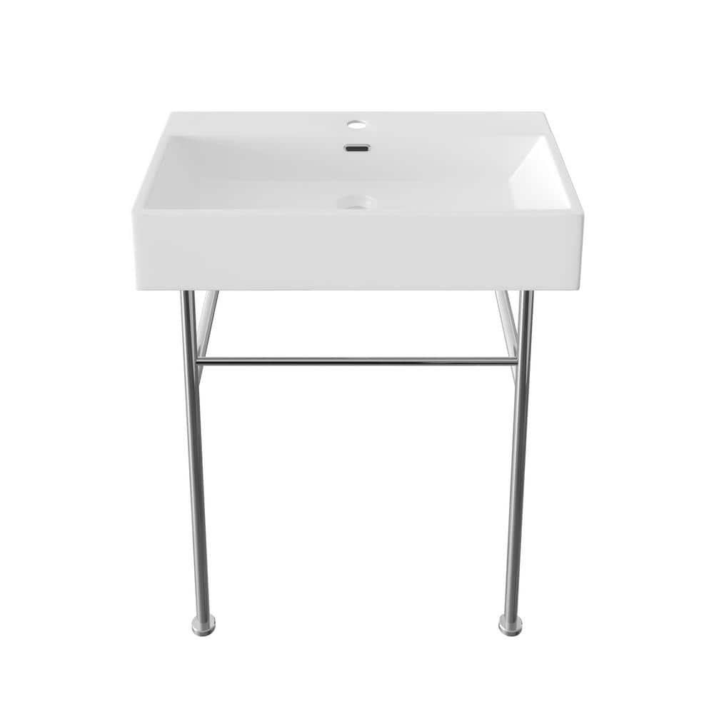 Rectangular 30 Inch White Ceramic Console Sink with Silver Legs