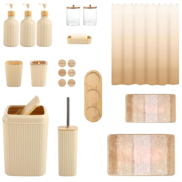 32-Piece ABS Bathroom Sets with Shower Curtain and Rugs, Shower Curtain Set with Bathroom Trash Can, Beige