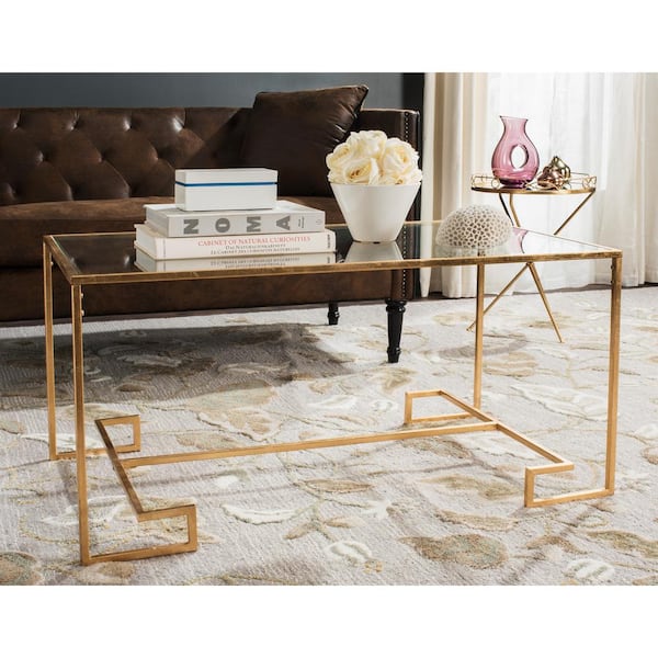 Safavieh Burton 42 In Antique Gold, Leather And Glass Coffee Table