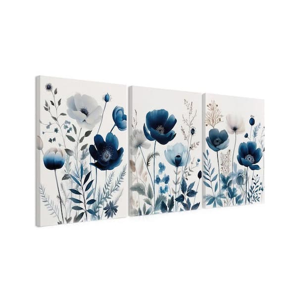 3 Pcs Blue Floral Watercolor Botanical Flower Home Poster Art Prints for Living Room Bedroom Bathroom 16x24 Inches