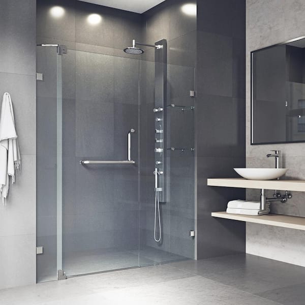 Pirouette 54 to 60 in. W x 72 in. H Pivot Frameless Shower Door in Brushed Nickel with 3/8 in. (10mm) Clear Glass