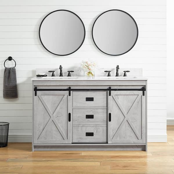 SUDIO Rafter 54 in. W x 22 in. D Bath Vanity in White Wash with Carrara White Engineered Stone Vanity Top with White Sinks
