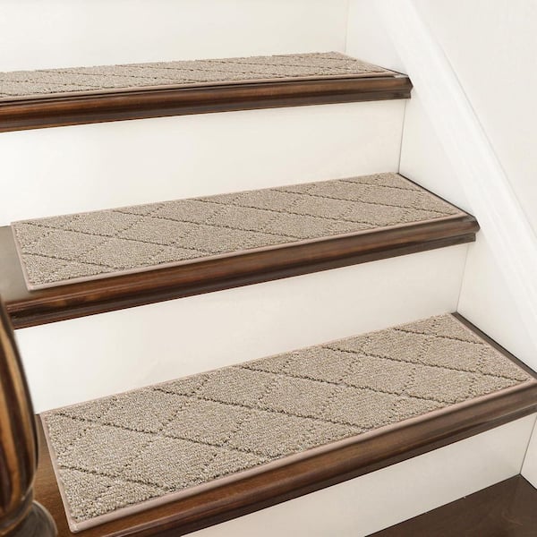 Beige 28 in. x 9 in. Polyester Stair Tread Cover Set of 15, Non-Slip Indoor Stair Runners for Wooden Steps