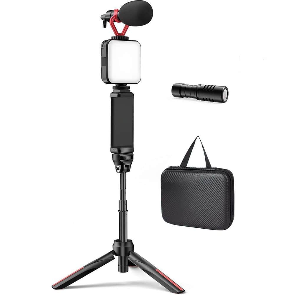 Video Vlogging Kit with LED Light, Microphone, Tripod, Phone Holder, Carry Bag for iPhone/Android for Video Record Black price history on PriceWatchPro