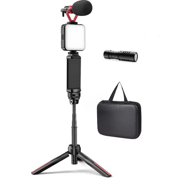 OBJLGEV Video Vlogging Kit with LED Light, Microphone, Tripod, Phone Holder, Carry Bag for iPhone/Android for Video Record Black