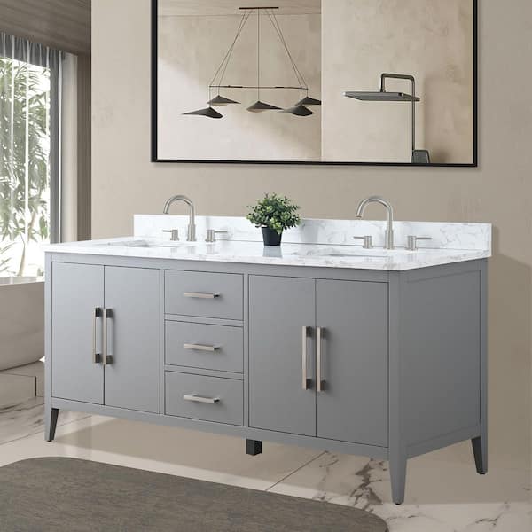 72 in. W x 22 in. D x 34 in. H Double Sink Bathroom Vanity Cabinet in Cashmere Gray with Engineered Marble Top