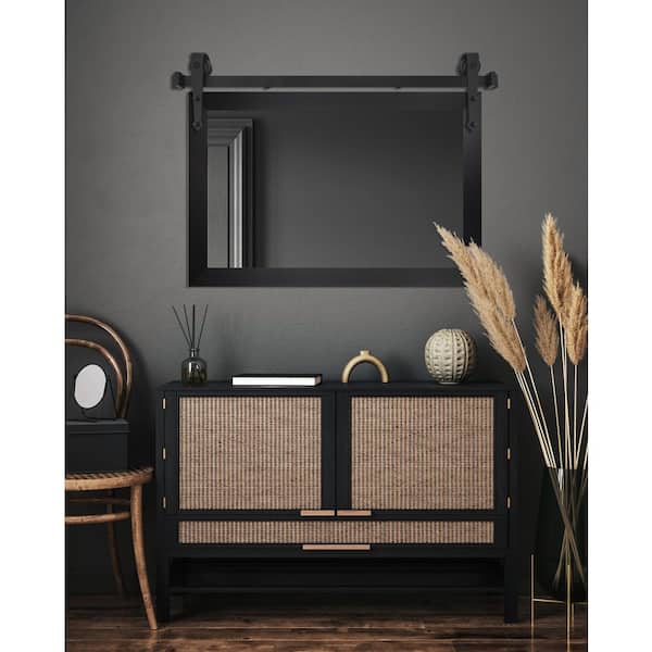 (46 in. W x 33 in. H) Black Modern Rustic Mirror with Steel Barn Door Rail