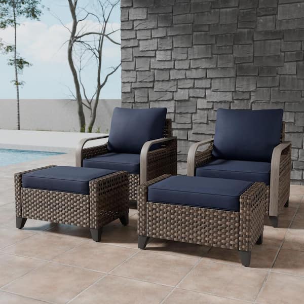 4-Pieces Brown Wicker Outdoor Patio Conversation Set Lounge Chair Set with Blue Cushions and Ottomans