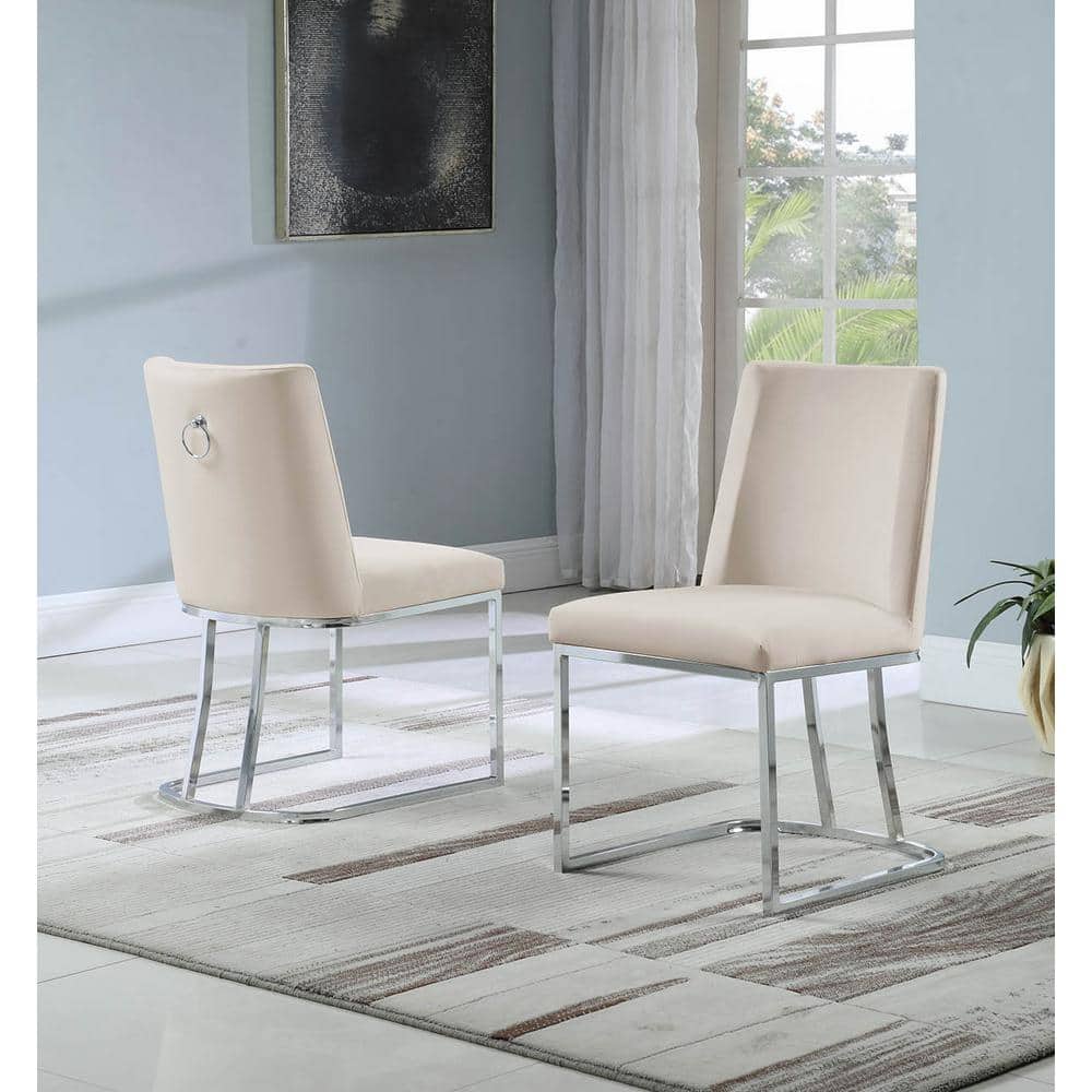 Beige Velvet Upholstered Metal Frame Side Chair Set