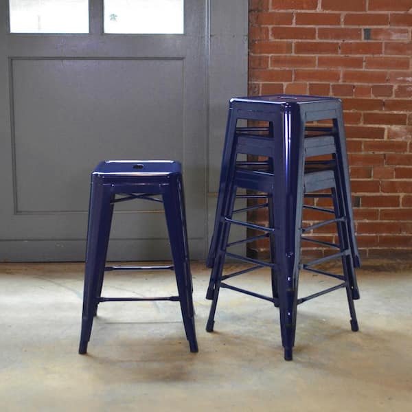 24 in. Blue Metal, Backless, Stackable Bar Stool (Set of 4)