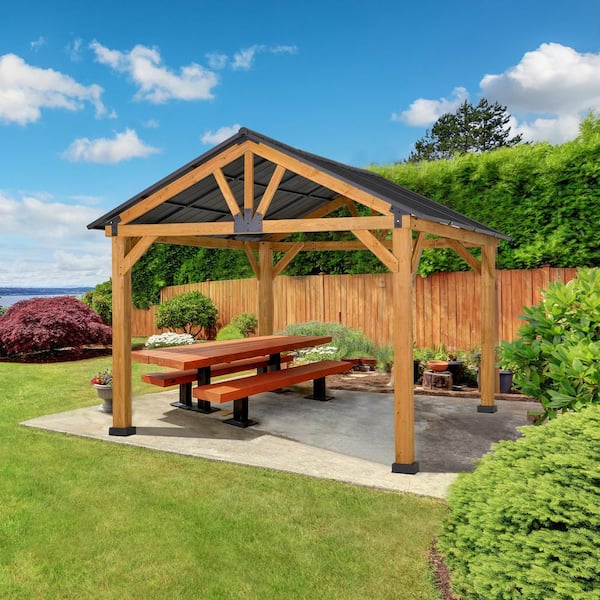 Outsunny 11 ft. x 13 ft. Natural Fir Wood Hardtop Patio Gazebo with Water/UV Resistance