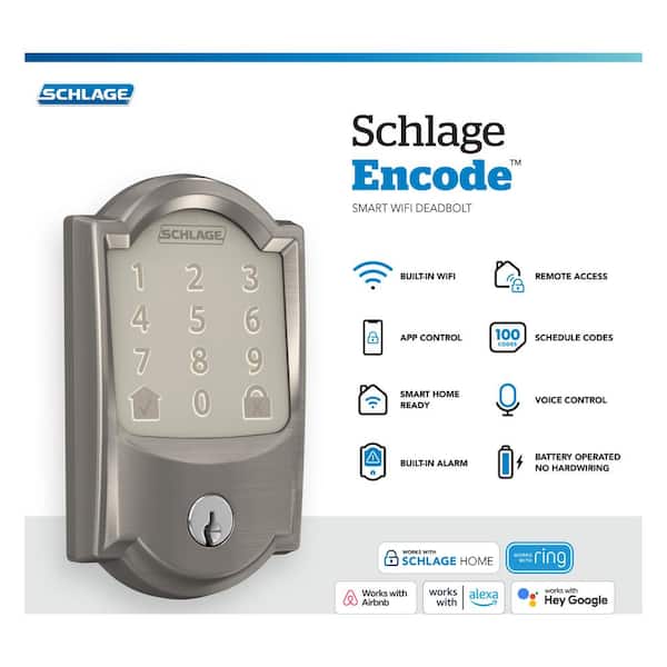Camelot Satin Nickel Encode Smart Wi-Fi Deadbolt with Alarm and Entry Door Handle with Georgian Knob and Camelot Trim