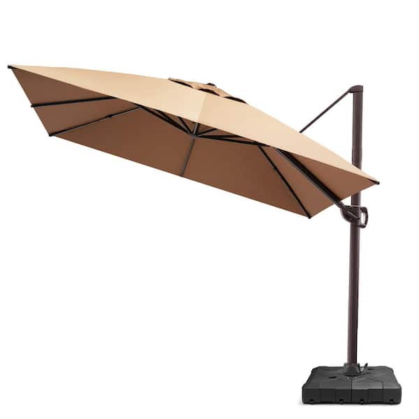 Pellebant 11.5 ft. Square Aluminum Cantilever Offset Tilt 360° Swivel Patio Umbrella in Tan with Fillable 260 lbs. Base Stand
