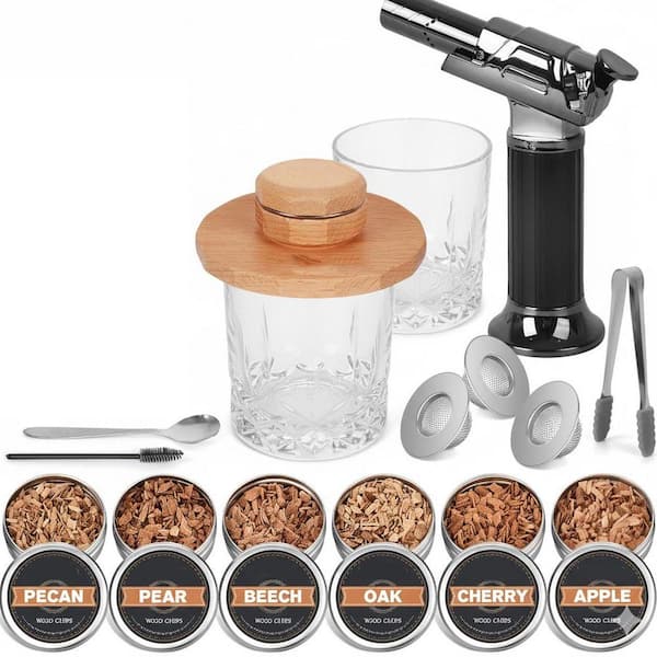 Clear Glass Whiskey Smoker Kit with Torch, 6-Wood Chips, 2-Glasses and Reusable Ice Cubes for Home Bar Use