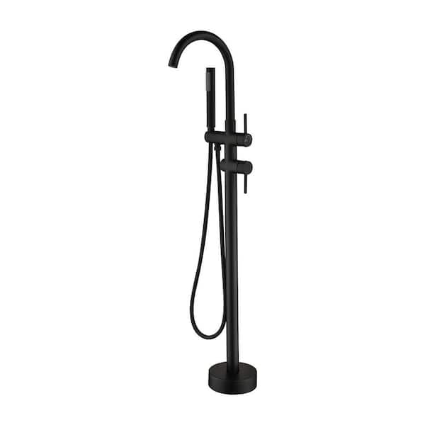 Single Handle Floor Mount Bathtub Faucet Freestanding Tub Filler Standing Shower Faucets with Handheld Shower in Black