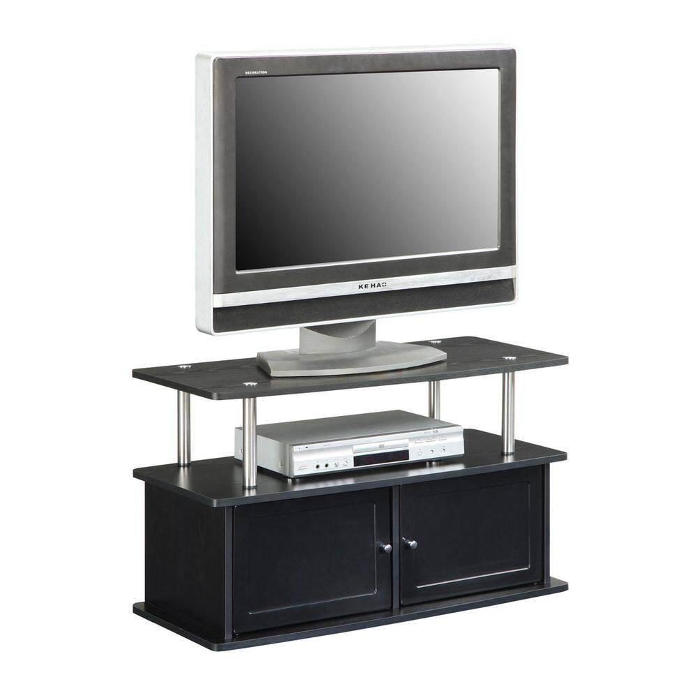 Black Modern TV Stand with Two Cabinets and Stainless Steel Poles