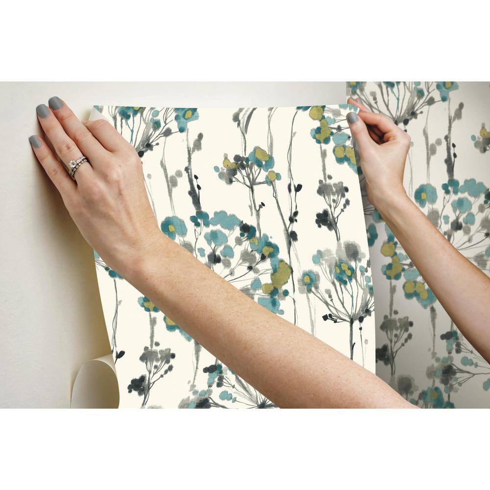 Turquoise and Gray Floral Peel and Stick Wallpaper