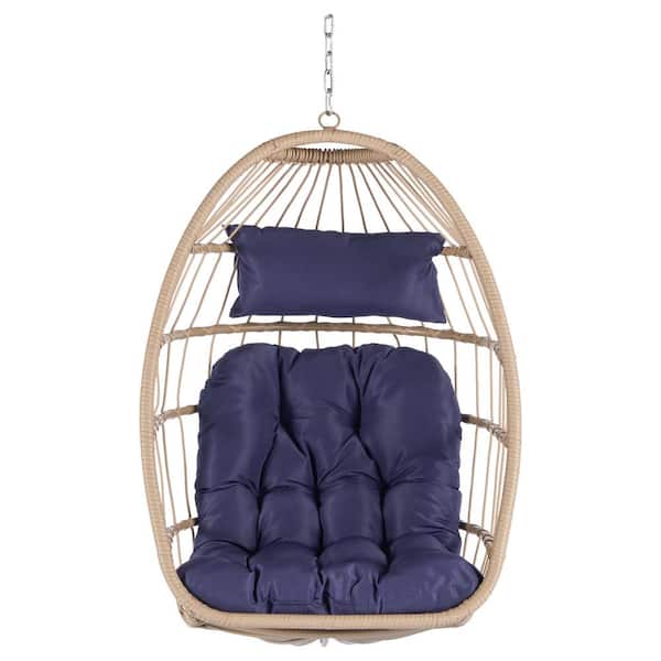 Sudzendf 2.38 ft. Outdoor Wicker Egg Hanging Hammock Chair with Cushion in Dark Blue