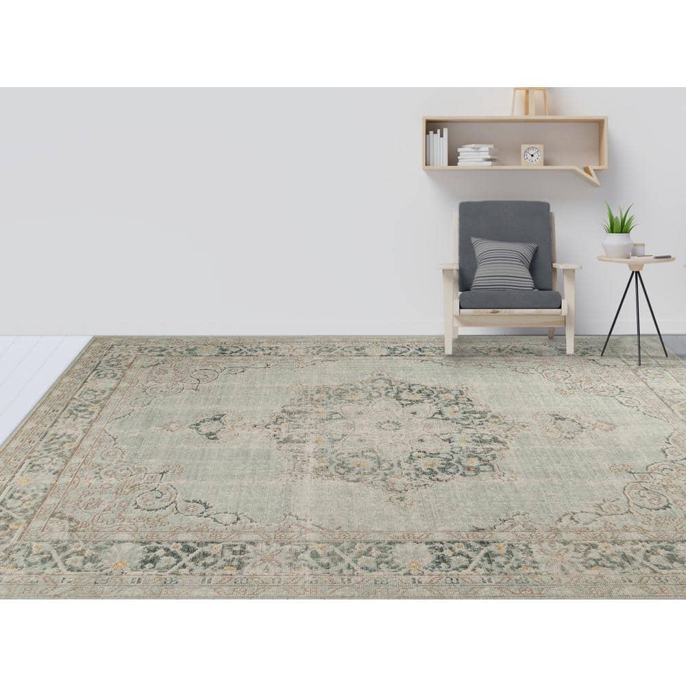 Sea Green Medallion Polyester Rectangular Area Rug 5'3" x 7'3"