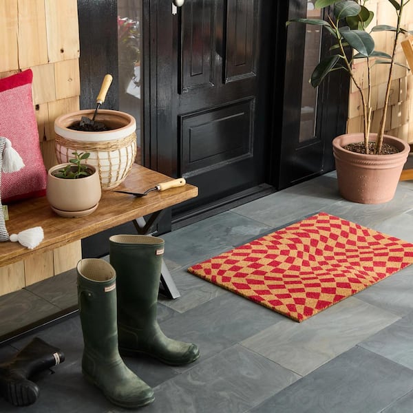 Checkerboard Emmett Red 18 in. x 30 in. Coir Groovy Outdoor Mat