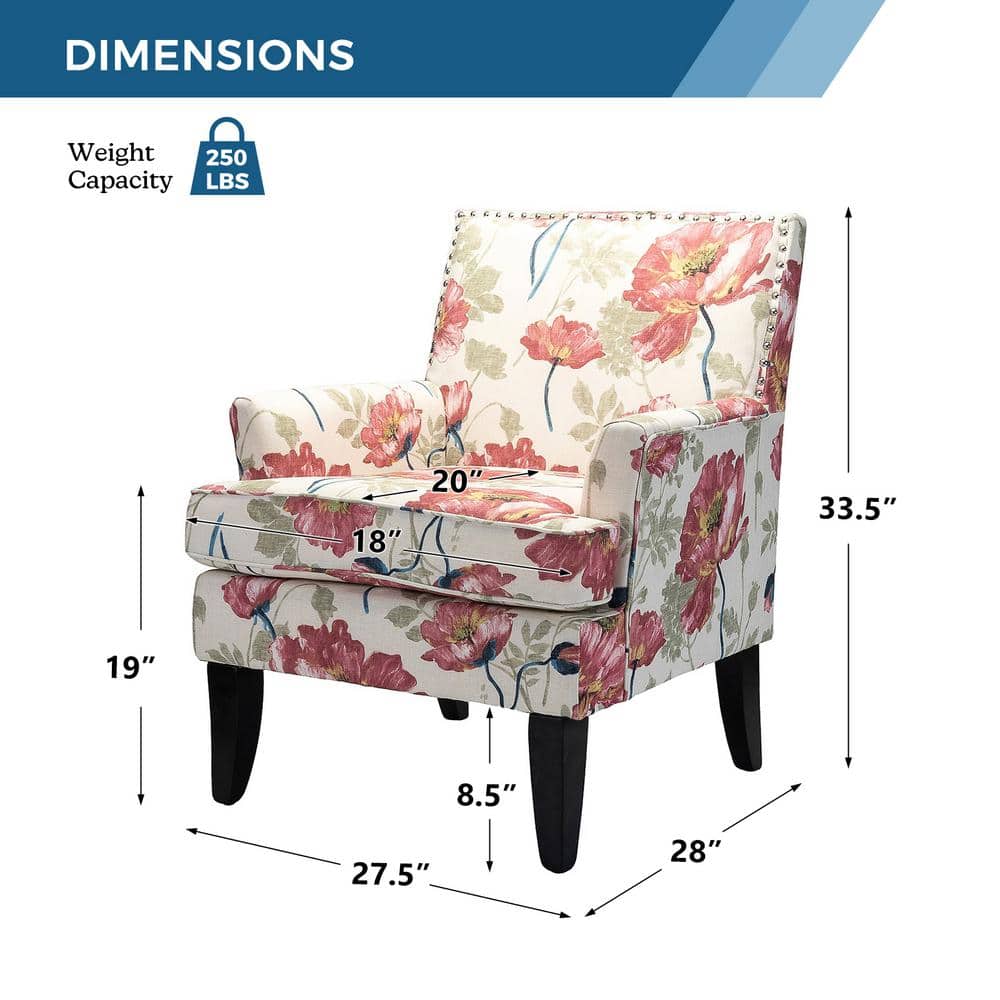 Red Floral Upholstered Accent Chair with Nailhead Trim