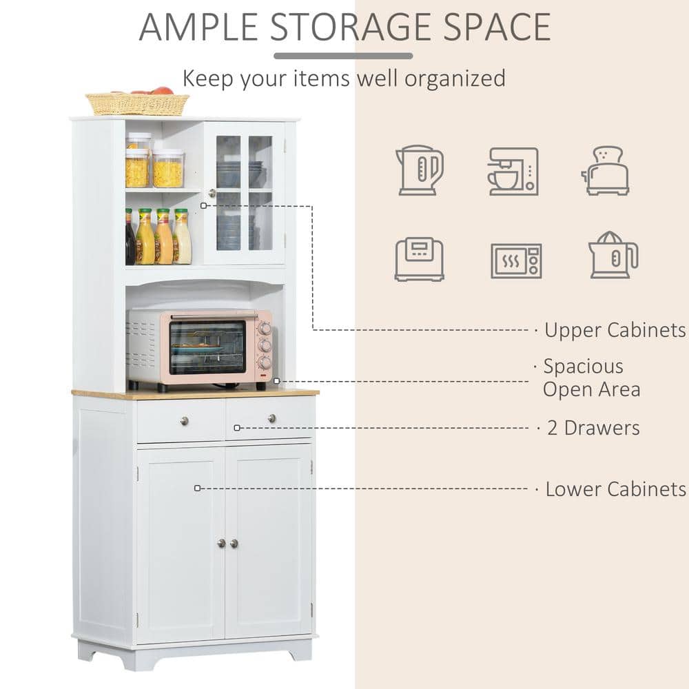 White Recessed Panel Kitchen Buffet with Hutch and Rubberwood Countertop