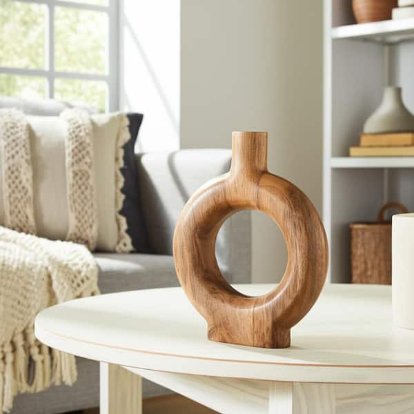 Brown 12 in. Wood Geometric Donut Shaped Decorative Vase