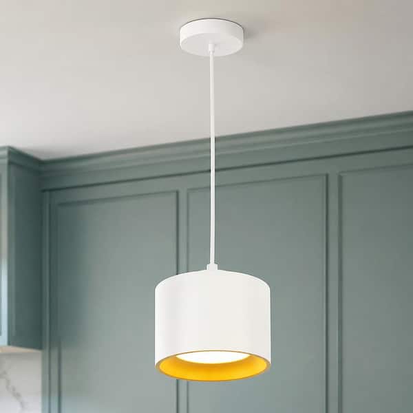 8-Watt 5.4 in. 1-Light Modern White and Gold Cylinder LED Mini Pendant Light with Aluminum Shade for Kitchen Island