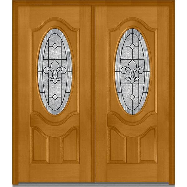 MMI Door 72 in. x 80 in. Carrollton Right-Hand Inswing Oval Lite Decorative Stained Fiberglass Mahogany Prehung Front Door