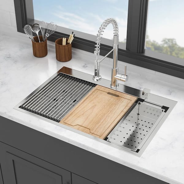 33 in. Drop-In Single Bowl 16 Gauge Brushed Nickel Stainless Steel Kitchen Sink with Workstation