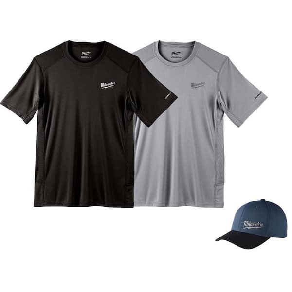 Milwaukee Men's Large Black and Gray WORKSKIN Light Weight Performance Short Sleeve T-Shirt and Large/XL Blue WORKSKIN Fitted Hat
