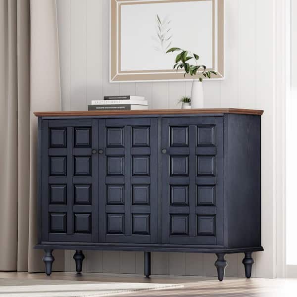 FUIN Retro Black 34.65 in. H Storage Cabinet with Plaid Pattern Front