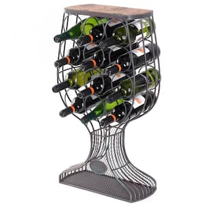 Freestanding Floor Wine Rack with Wooden and Metal Goblet Design - Holds 12-Bottles