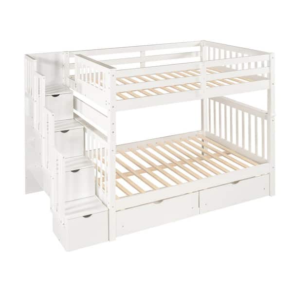 White Full Over Full Bunk Bed with Shelves and 6 Storage Drawers