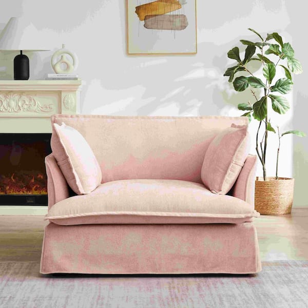 Pink Chenille Arm Chair with Dual-Port Charging and Throw Pillows