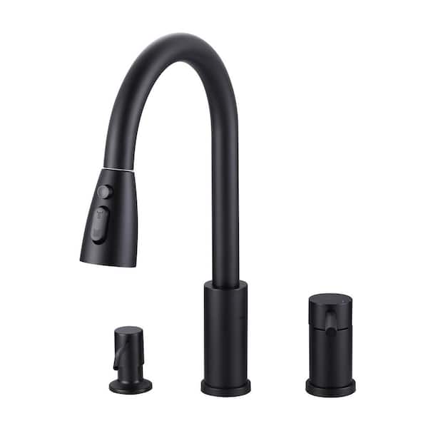 WOWOW Brass Single Handle Pull Down Sprayer Kitchen Faucet with Soap Dispenser in Matte Black