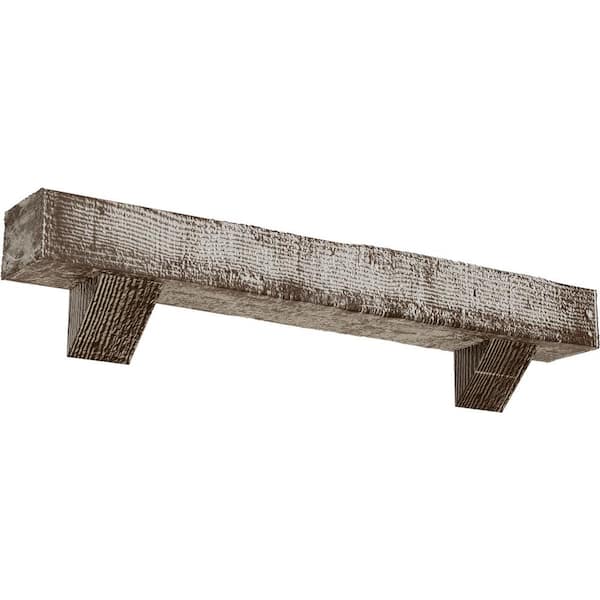 Ekena Millwork 8 in. x 12 in. x 5 ft. Rough Sawn Faux Wood Fireplace Mantel Kit, Breckinridge Corbels, Vintage Mahogany