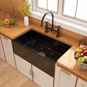 33 in. Farmhouse/Apron-Front Single Bowl Black Fireclay Kitchen Sink with Bottom Grid and Drain