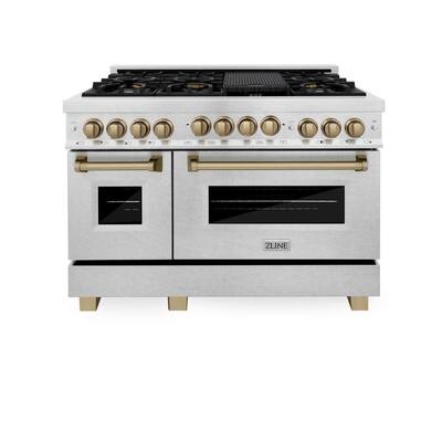 48 in. 6.0 cu. ft. Double Oven Gas Range with Gas Stove and Gas Oven in Black Stainless Steel with Gold Accents