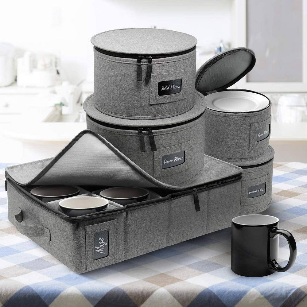 Gray Quilted 5-Piece China Dinnerware Storage Organizer Set