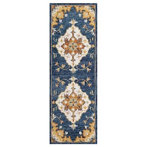 Bella Blue/Yellow 2 ft. 3 in. x 6 ft. 9 in. Eclectic Hand-Tufted Floral 100% Wool Runner Area Rug
