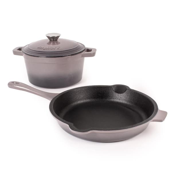 BergHOFF Neo 3-Piece Cast Iron Cookware Set, Fry Pan and Round Dutch Oven, Oyster