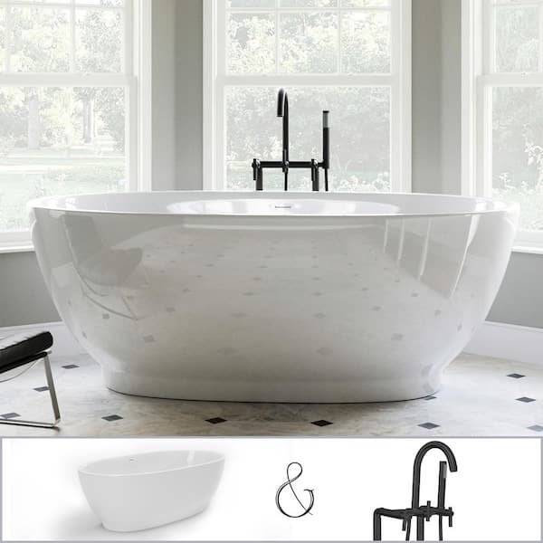 PELHAM & WHITE W-I-D-E Series Grandby 65 in. Acrylic Oval Freestanding Tub in White, Floor-Mount Lever-Handle Faucet in Matte Black