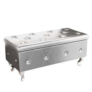 Kai Faux Leather Upholstered Silver Storage Bench with Diamond Tufted and Chrome Plated Metal Legs (17.7 x 37.4 x 17.7)