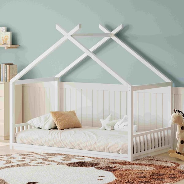 White Wood Frame Full Size Platform Bed with Headboard and Footboard, Wooden Fence
